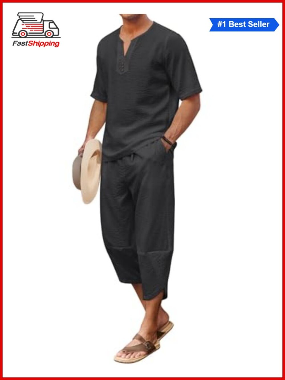 ✨ COOFANDY Men's 2 Piece Linen Set Henley Shirt & Harem Capri Pants Beach Outfit